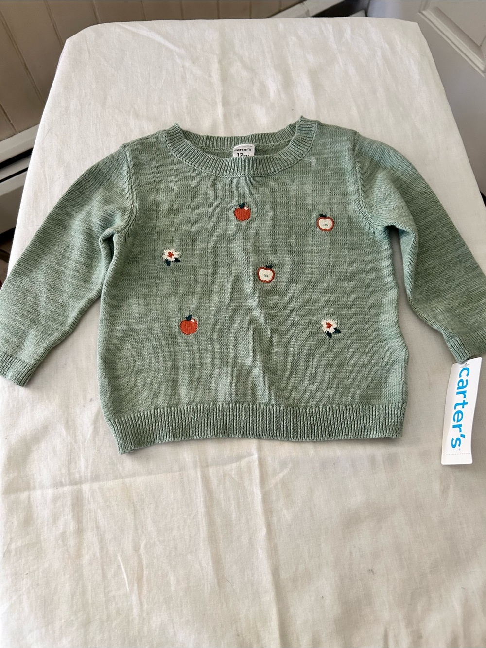 NWT Carter’s Sage Green Apple Embroidered Knit Baby Sweater/Size 12 M